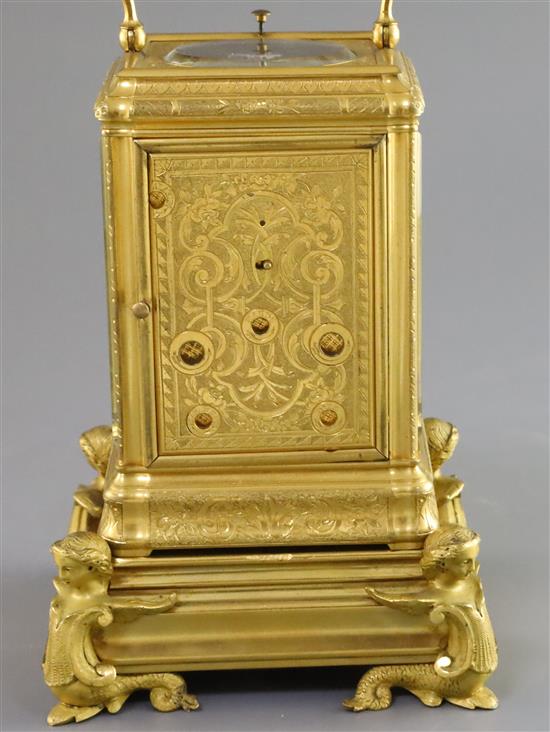Grohe of London. A Victorian ormolu hour repeating calendar carriage clock, overall height 7.25in.